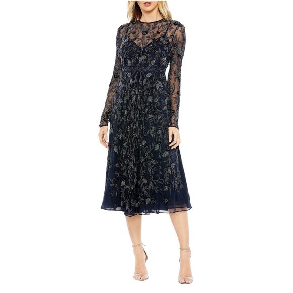 Mac Duggal 10799 Navy Beaded Illusion High Neck Long Sleeve Dress Size 6 $398 - Picture 2 of 10